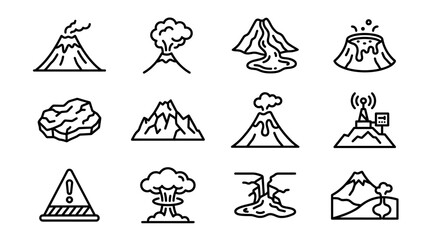 Volcano Icons Set: Eruption, Lava Flow, Warning, Explosion, Geological Hazard © Brian