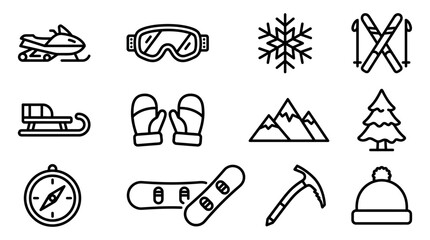 Fototapeta premium Winter Sports Icons: Snowmobile, Goggles, Snowflake, Skis, Sled, Mittens, Mountains, Tree, Compass, Snowboard, Ice Axe, Beanie