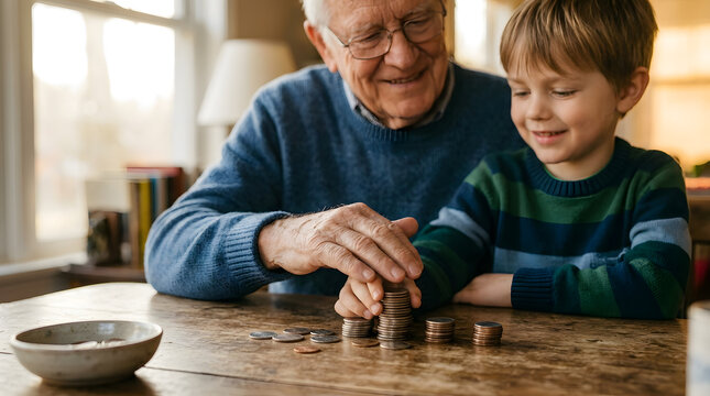 Grandfather teaching grandson about money and savings | Elderly man and young boy stacking coins on table | Financial literacy for children at home | Multi-generational family bonding and education