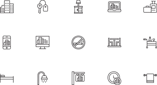 Office workspace and digital analytics outline icon set featuring property keys laptop computers data charts no smoking ban signs and modern furniture vector art