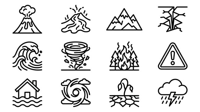 Natural Disaster Icons: Volcano, Earthquake, Tsunami, Tornado, Fire, Drought, Flood, Storm