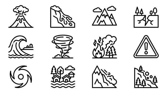Natural Disaster Icons Set: Volcano, Landslide, Earthquake, Tsunami, Tornado, Fire, Hurricane