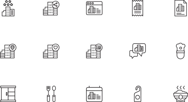Property data analytics and financial security outline icon set featuring money coin shields web browser charts financial receipts and chat bubbles vector graphic