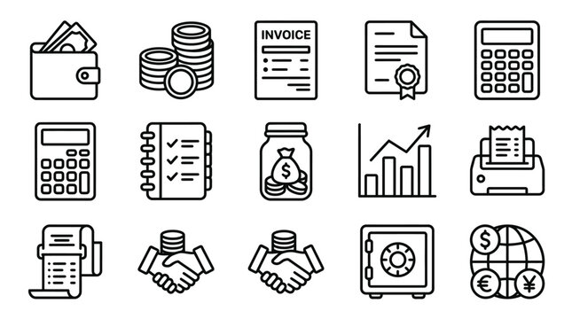 Finance Icons Set: Wallet, Coins, Invoice, Calculator, Safe, Globe, Money Flow