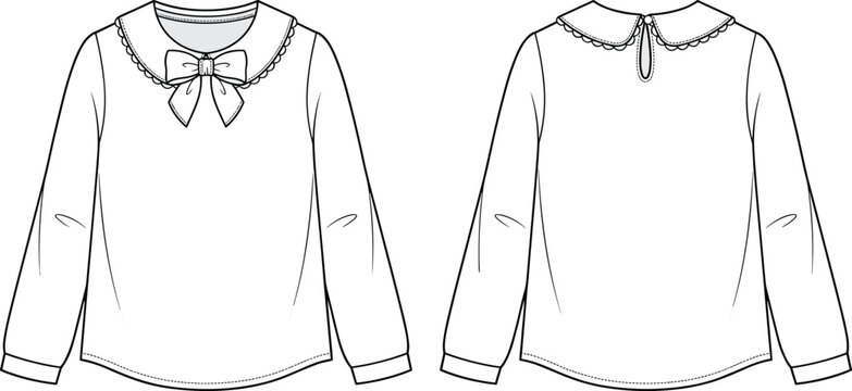 Technical fashion of a long sleeve blouse with peter pan collar and bow tie shirt