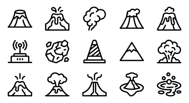 Volcano Icon Set: Eruption, Lava, Smoke, Asteroid, Mountain, Explosion, Hot Spring