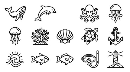 Ocean Life Icons: Whale, Dolphin, Octopus, Jellyfish, Coral, Fish, Turtle, Anchor © Brian