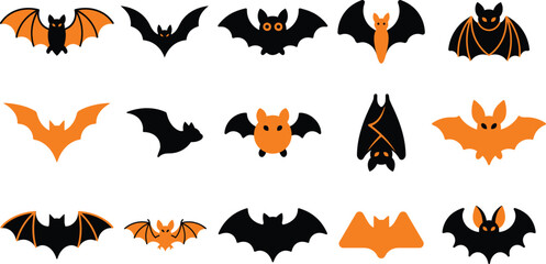 Fototapeta premium Set of halloween stickers featuring cute bat and cat illustrations alongside festive orange pumpkin icons for seasonal decoration