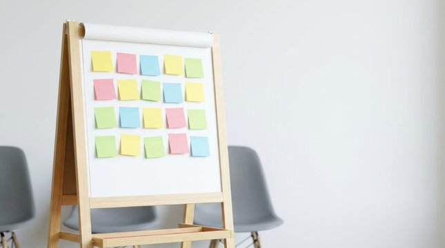 Wooden easel flipchart with colorful sticky notes for brainstorming and project planning in a bright minimalist office workspace