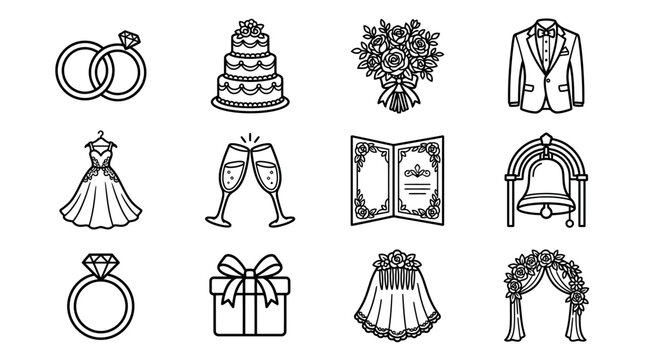 Wedding Icons Set: Rings, Cake, Dress, Flowers, Suit, Champagne, Invitation, Bell, Gift, Veil, Arch