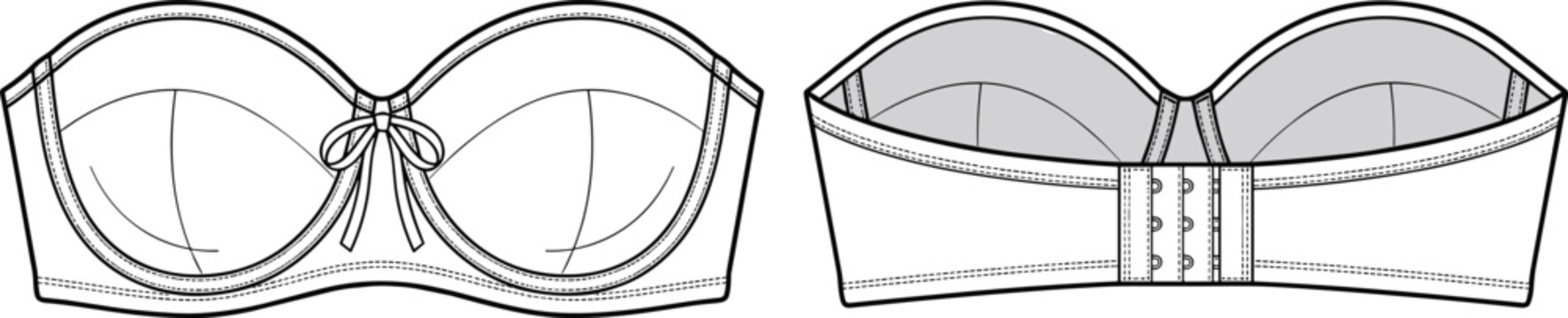 Technical fashion of a strapless bra with front bow and back hook closure detail