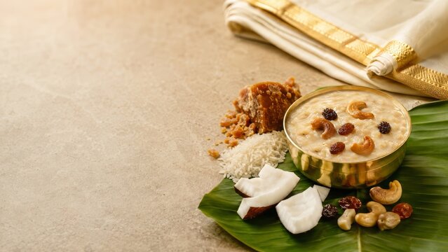 Traditional Onam Palada Payasam Dessert with Cashews and Raisins on Banana Leaf for Kerala Festival