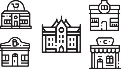 Fototapeta premium Classic civic architecture and historic urban building outline icon featuring a detailed traditional townhall public university or gothic school structure vector graphic design