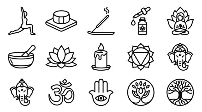 Yoga and Spirituality Icons: Lotus, Om, Ganesha, Hamsa, Tree of Life, Candle