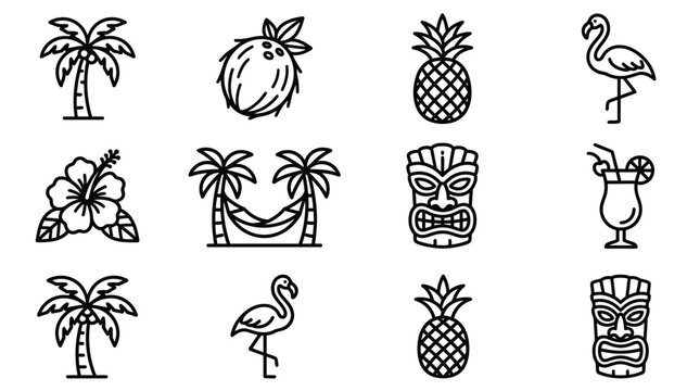 Tropical Icons Set: Palm Trees, Flamingo, Tiki Mask, Pineapple, Coconut, Hibiscus, Hammock