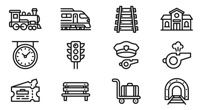 Train Station Icons: Locomotive, Modern Train, Tracks, Building, Clock, Signals, Uniform