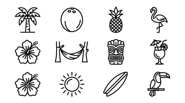 Tropical Summer Icons Set: Palm Tree, Coconut, Pineapple, Flamingo, Hibiscus, Tiki, Cocktail