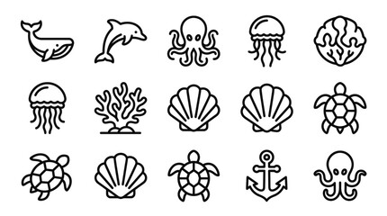 Ocean Life Icons Set: Whale, Dolphin, Octopus, Jellyfish, Turtle, Shell, Coral, Anchor © dinny