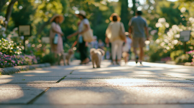 Blurred Pet Walking Lifestyle Scene with Adults and Dogs on a Sunlit Garden Path for Outdoor Wellness Advertising