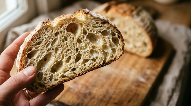 Hand holding slice of crusty sourdough bread over wooden board