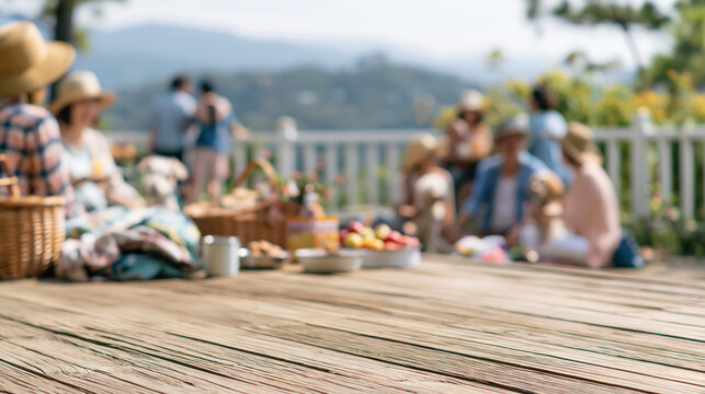 Blurred Mountain View Picnic with Adults and Dogs on a Sunlit Wooden Terrace for Outdoor Travel and Pet Lifestyle Marketing
