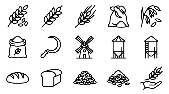 Agriculture Icons: Wheat, Grains, Mill, Silo, Bread, Sickle, Flour Bag
