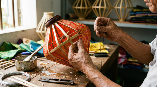 Artisan crafting a traditional lantern with hands at a workshop table.