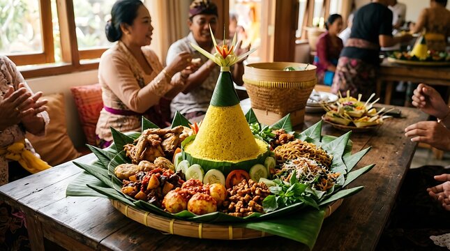 Traditional indonesian yellow rice cone tumpeng for celebration