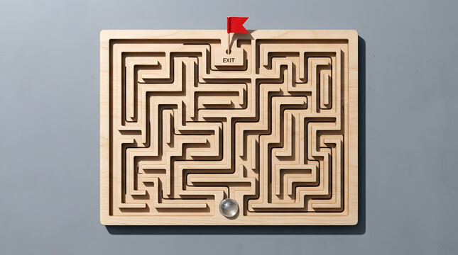 wooden maze puzzle game | finding business strategy exit | problem solving logic toy | marble labyrinth with red flag | overcoming obstacles concept