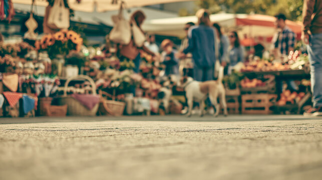 Ground Level Blurred Outdoor Market with Shoppers and Dogs among Flower and Craft Stalls for Local Lifestyle Promotion