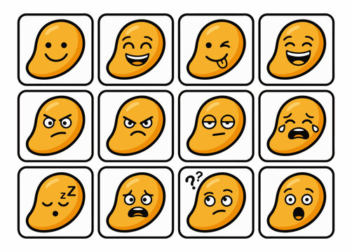 Playful summer mood Mango fruit emotional reaction icons grid highlighting varied cheerful worried and shocked face feelings