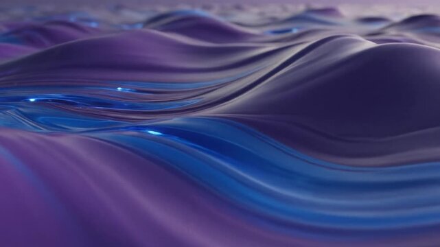 Abstract flowing waves in purple and blue create a smooth liquid like surface, the scene feels calm and futuristic, ideal for modern digital backgrounds and design