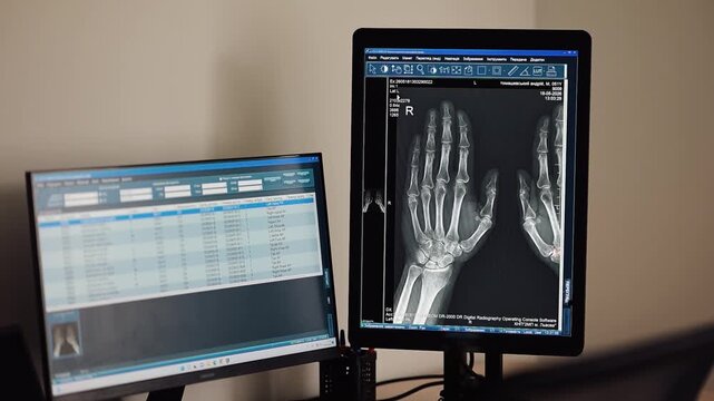 X-ray images of hands displayed on medical monitors in a hospital setting