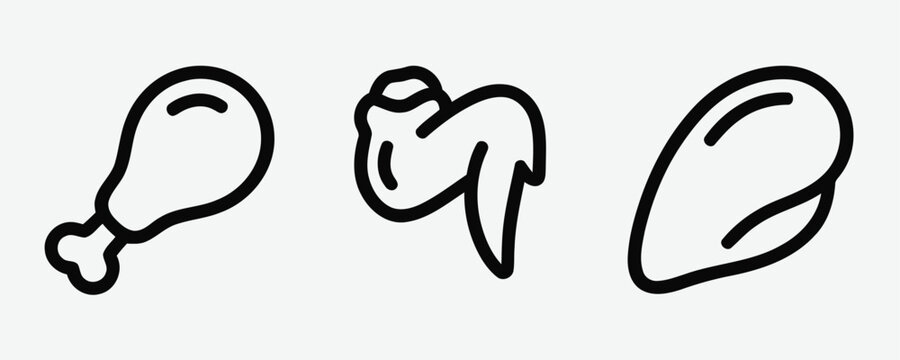 Simple black and white line art icons depicting various raw chicken cuts including drumstick wing and breast