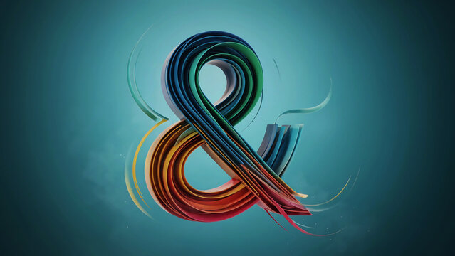 Colorful 3d ampersand symbol with a fluid metallic texture and a vibrant blue green background