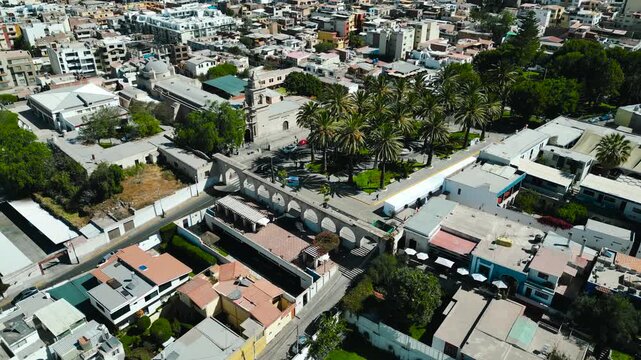 Panoramic aerial drone view of the iconic Yanahuara arches.