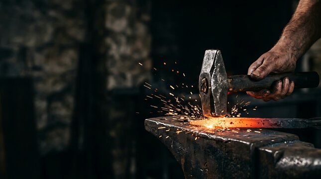Blacksmith forging glowing metal on an anvil with sparks flying