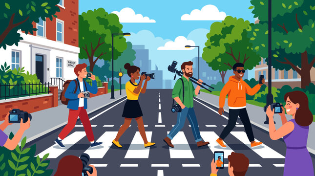 Diverse group of people crossing Abbey Road like iconic album cover, taking photos