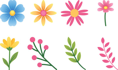 Fototapeta premium Colorful Spring Floral Elements Set Vector Flower Icons Branches Leaves Isolated On White Background