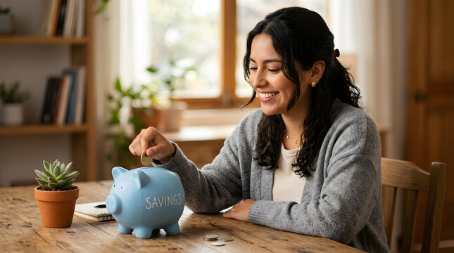 Young woman putting money in piggy bank | Personal finance and savings tips | Happy woman saving for the future | Home budgeting and money management