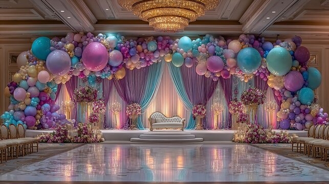 Opulent Wedding Stage Decor with Balloons, Draping, and Luxurious Seating creating unforgettable