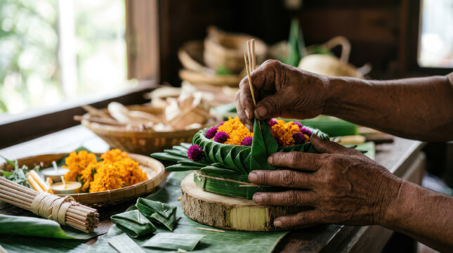 Hands crafting a traditional Balinese offering with flowers and leaves.
