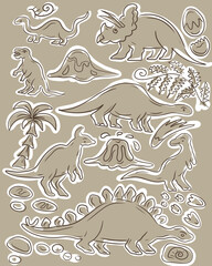 Hand drawn cute dinosaurs collection. Prehistoric animal characters set with t-rex and triceratops sketch. Seamless pattern background with cartoon jurassic reptile illustration isolated. © Paint_art