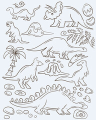 Hand drawn cute dinosaurs collection. Prehistoric animal characters set with t-rex and triceratops sketch. Seamless pattern background with cartoon jurassic reptile illustration isolated. © Paint_art