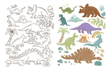 Hand drawn cute dinosaurs collection. Prehistoric animal characters set with t-rex and triceratops sketch. Seamless pattern background with cartoon jurassic reptile illustration isolated. © Paint_art