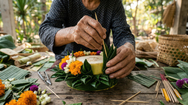 Person crafting a traditional Thai krathong for Loy Krathong festival.