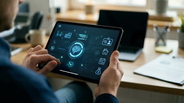 Medium shot focusing on AI automated assistant managing borrower information input in a lending app with an outoffocus desk setting behind.