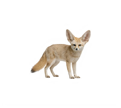 A cute fennec fox standing and looking at the camera with large ears and tan fur isolated on transparent background