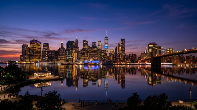 Manhattan skyline and Brooklyn bridge illuminated at dusk with water reflection