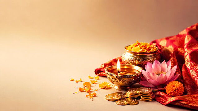 Festive Dhanteras Background with DiyaGold Coins, Lotus and Marigold Flowers